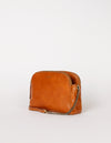 Cognac Leather womens handbag. Square shape with an adjustable leather & chain strap. Side product image.