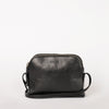 Black Leather womens handbag. Square shape with an adjustable strap. Front product image.