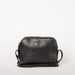 Black Leather womens handbag. Square shape with an adjustable strap. Front product image.