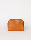 Cognac Leather womens handbag. Square shape with an adjustable strap. Back product image