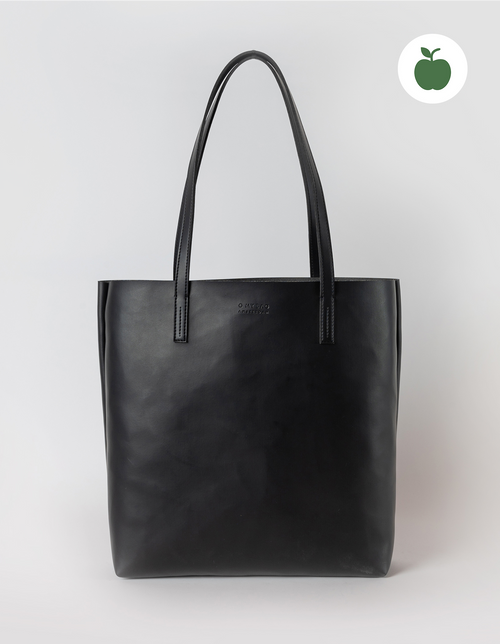 Georgia Tote in black apple leather. Front product image.
