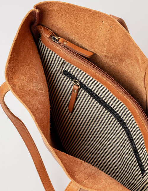 Georgia tote bag in wild oak soft grain leather. Inside product image.
