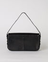 Black Baguette Leather womens handbag. Square shape with an adjustable strap. Back product image.