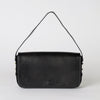 Black Longuette Leather womens handbag. Square shape with an adjustable strap. Front product image.