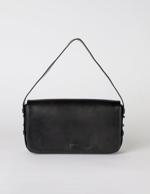 Black Baguette Leather womens handbag. Square shape with an adjustable strap. Front product image.