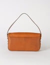 Cognac Baguette Leather womens handbag. Square shape with an adjustable strap. Back product image.