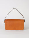 Cognac Baguette Leather womens handbag. Square shape with an adjustable strap. Front product image.