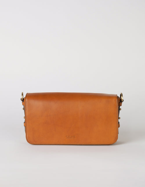 Cognac Baguette Leather womens handbag. Square shape with an adjustable strap. Front product image.