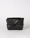 Black Leather womens handbag. Square shape with an adjustable strap. Front product image.