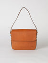 Cognac Leather womens handbag. Square shape with an adjustable strap. Front product image.