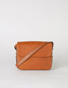 Cognac Leather womens handbag. Square shape with an adjustable strap. Front product image.