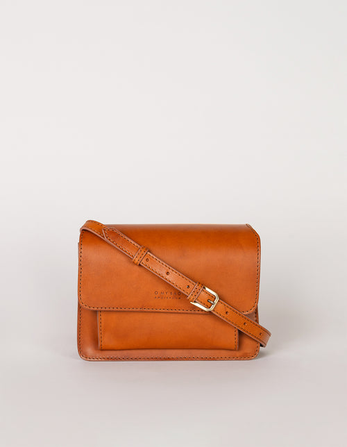 Harper Mini Cognac Leather crossbody handbag. Front strap product image