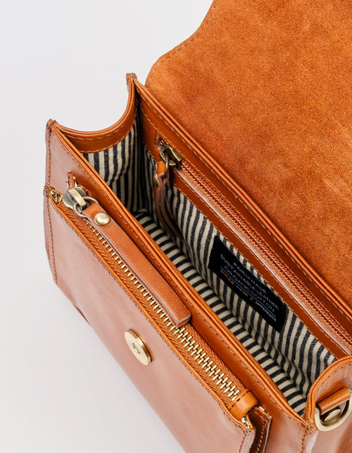 Harper Mini Cognac Leather crossbody handbag. Inside product image
