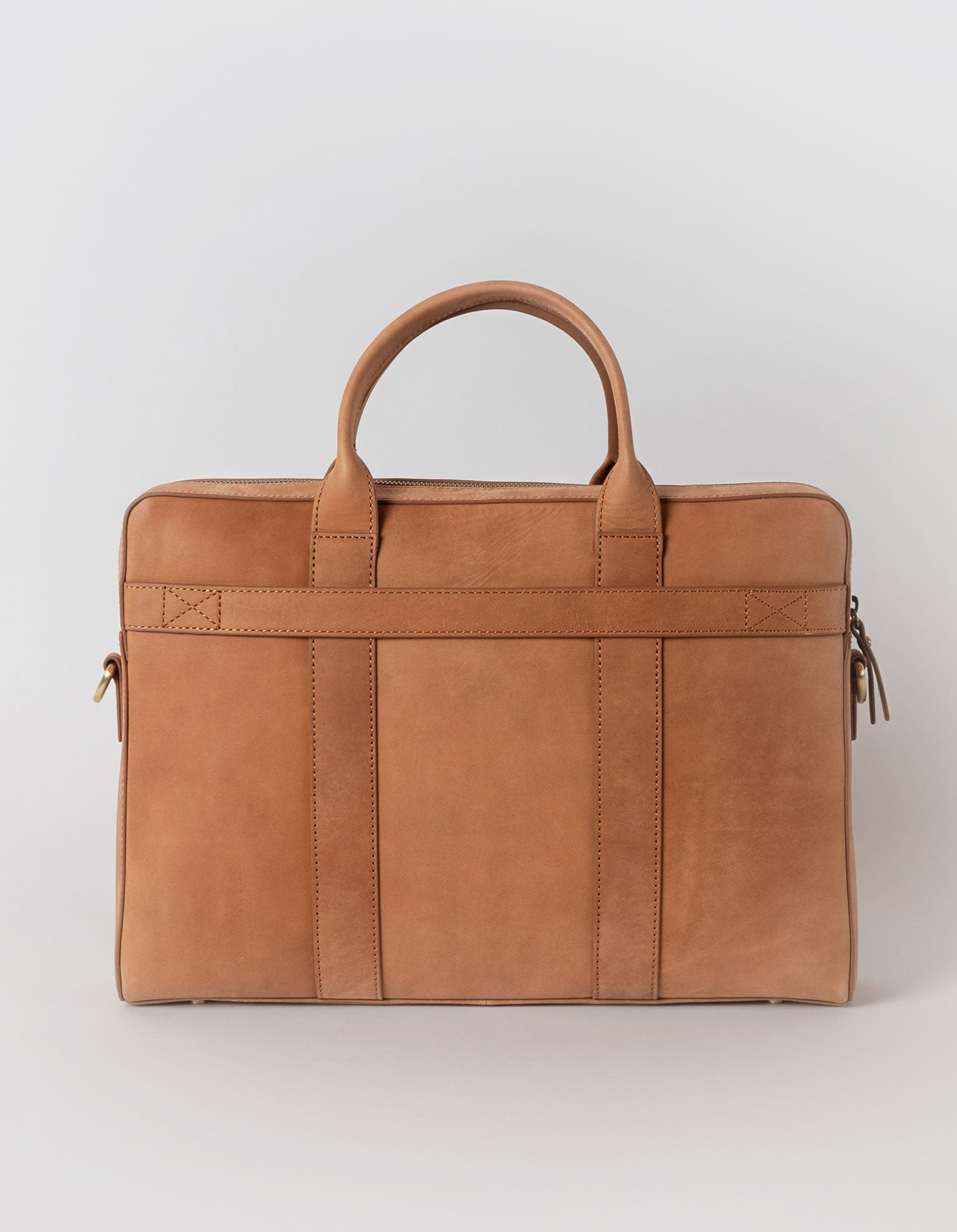 Harvey work bag in camel hunter leather. Back product image.