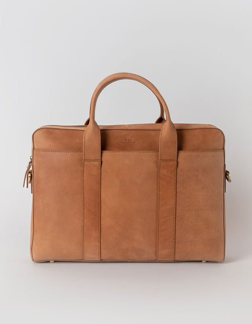 Harvey work bag in camel hunter leather. Front product image.