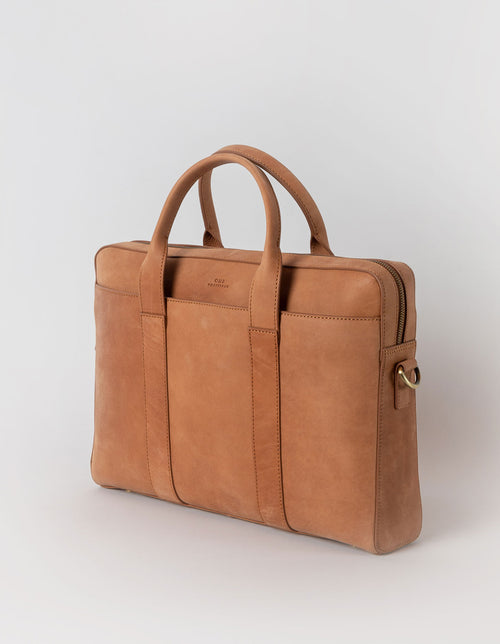 Harvey work bag in camel hunter leather. Side product image.