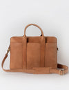Harvey work bag in camel hunter leather. Front product image with adjustable leather strap.