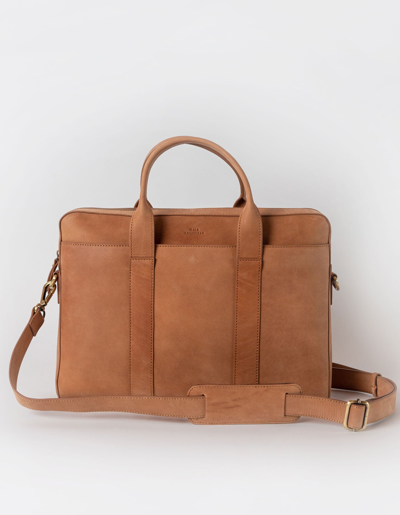 Harvey work bag in camel hunter leather. Front product image with adjustable leather strap.