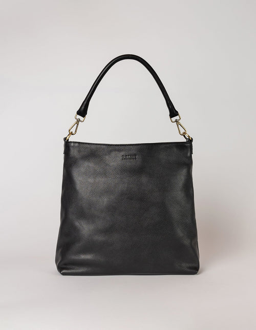 Black Leather shopper bag. Square shape with an adjustable and removable strap. Front product image.