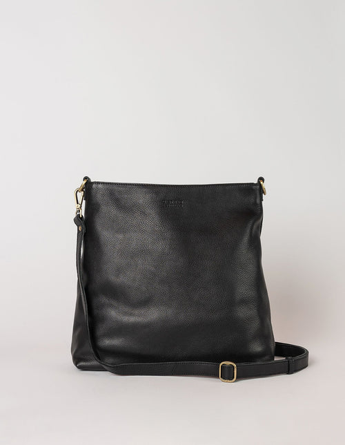 Black Leather shopper bag. Square shape with an adjustable and removable strap. Front second strap product image.