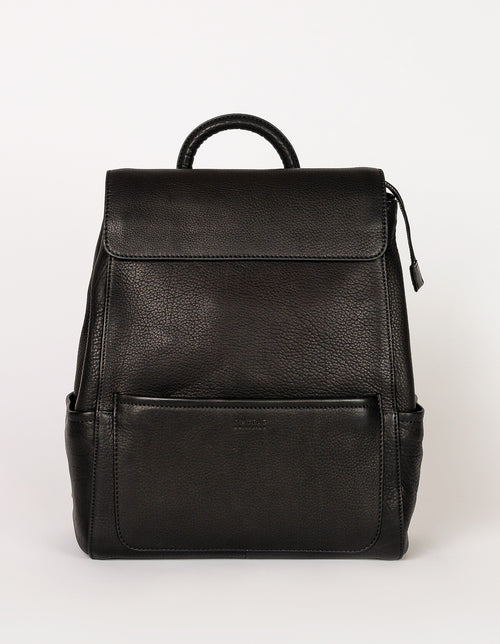 Black Leather backpack. Front product image.