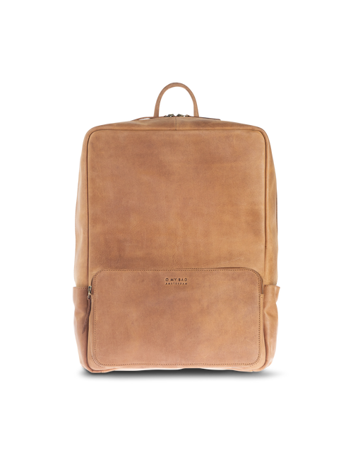 Camel Leather backpack. Front product image.