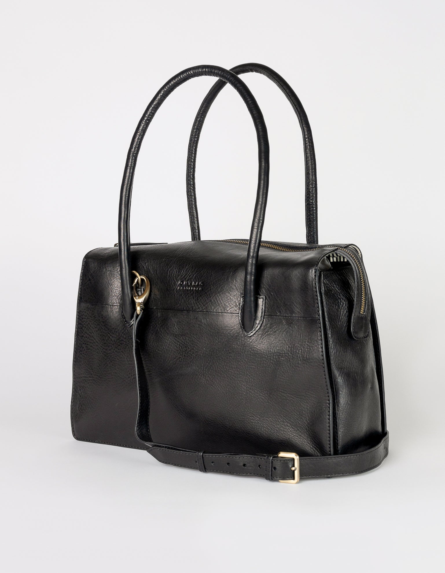 Kate Black Stromboli Leather Crossbody Shoulder Bag with Large Straps by O My Bag. Side Product Image with strap.
