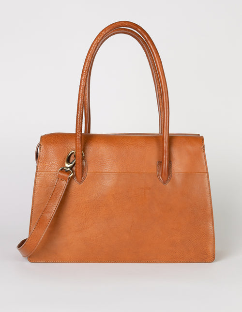 Kate Cognac Stromboli Leather Crossbody Shoulder Bag with Large Straps by O My Bag. Back Product Image with strap