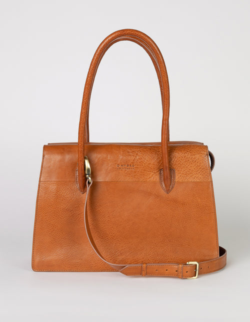 Kate Cognac Stromboli Leather Crossbody Shoulder Bag with Large Straps by O My Bag. Front Product Image with strap