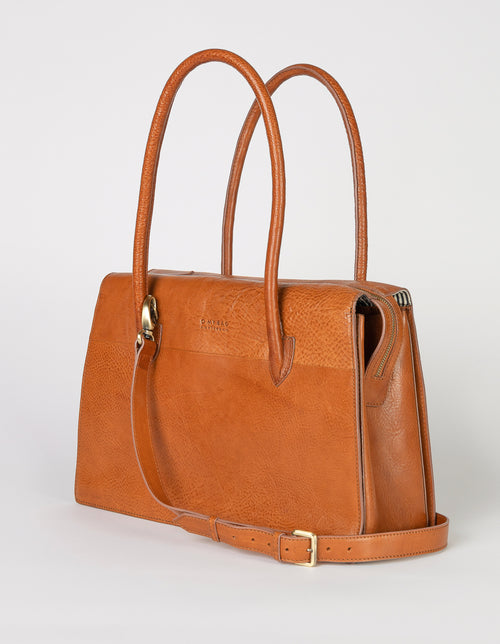 Kate Cognac Stromboli Leather Crossbody Shoulder Bag with Large Straps by O My Bag. Side Product Image with strap