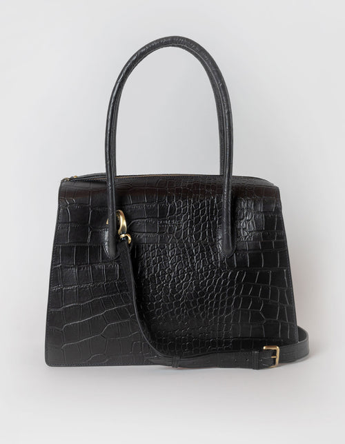 Kate Bag in Black Croco Print - Front product image ft. shoulder strap.