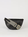 Laura Bag Black Classic Leather. Round moon shape crossbody bag with checkered strap. Front product image.