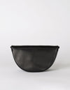 Laura Bag Black Classic Leather. Round moon shape crossbody bag. Back product image.