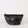 Laura Bag Black Classic Leather. Round moon shape crossbody bag with full leather strap. Front product image.