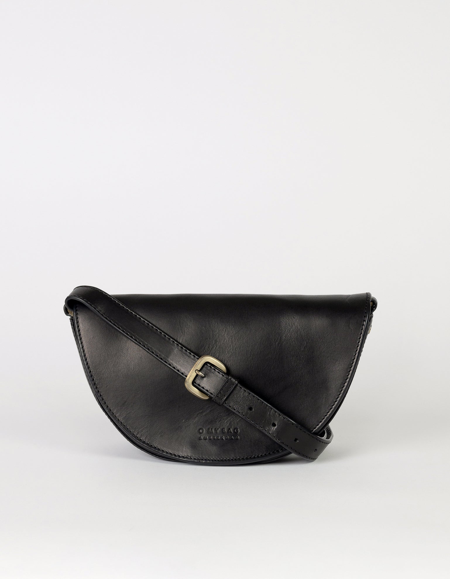 Laura Bag Black Classic Leather. Round moon shape crossbody bag with full leather strap. Front product image.