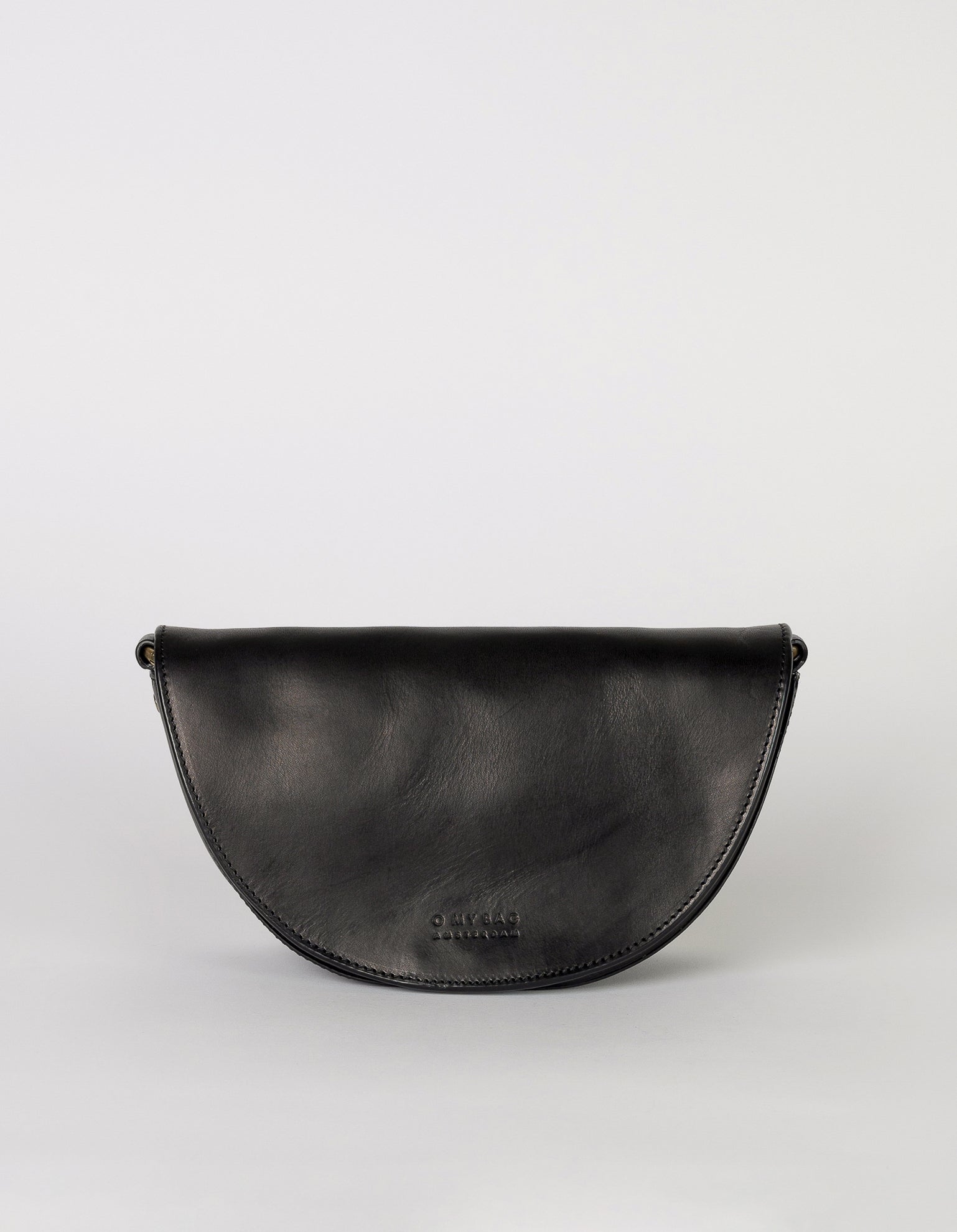 Laura Bag Black Classic Leather. Round moon shape crossbody bag without strap. Front product image.