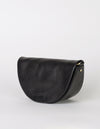 Laura Bag Black Classic Leather. Round moon shape crossbody bag. Side product image.