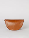 Laura Bag Cognac Classic Leather. Round moon shape crossbody bag . Back product image.