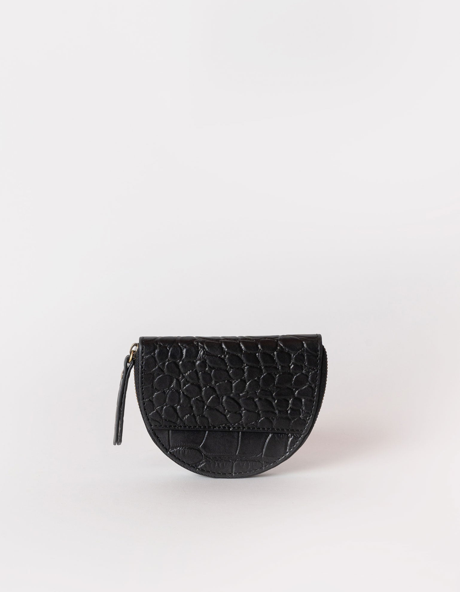 Laura Purse Black Classic Croco Leather. Round moon shape coin purse unisex wallet. Back product image.
