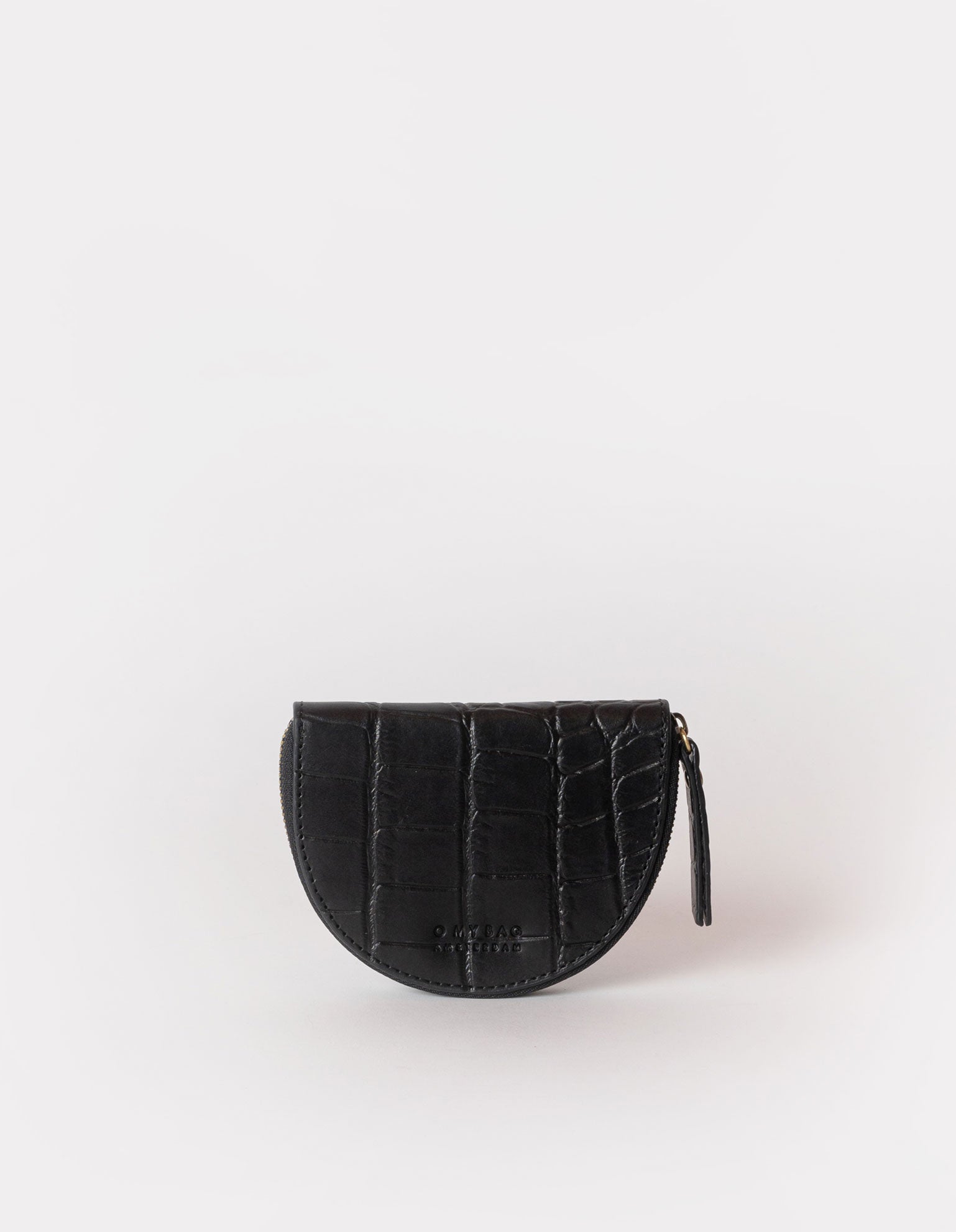 Laura Purse Black Classic Croco Leather. Round moon shape coin purse unisex wallet. Front product image.