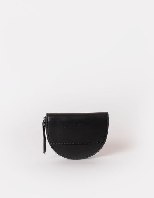 Laura Purse Black Classic Leather. Round moon shape coin purse unisex wallet. Back product image.