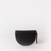 Laura Purse Black Classic Leather. Round moon shape coin purse unisex wallet. Front product image.