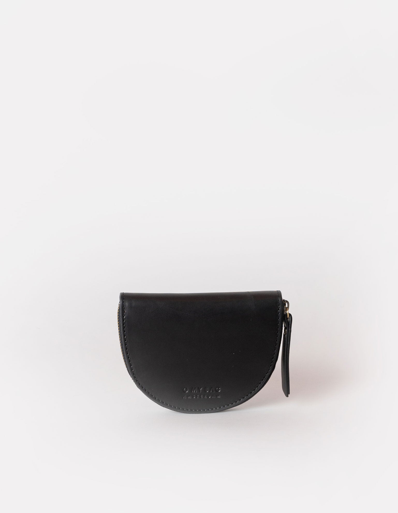Laura Purse Black Classic Leather. Round moon shape coin purse unisex wallet. Front product image.
