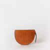 Laura Purse Cognac Classic Croco Leather. Round moon shape coin purse unisex wallet. Front product image.