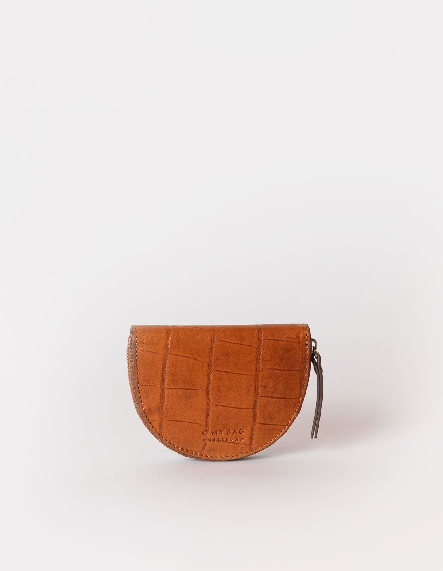 Laura Purse Cognac Classic Croco Leather. Round moon shape coin purse unisex wallet. Front product image.