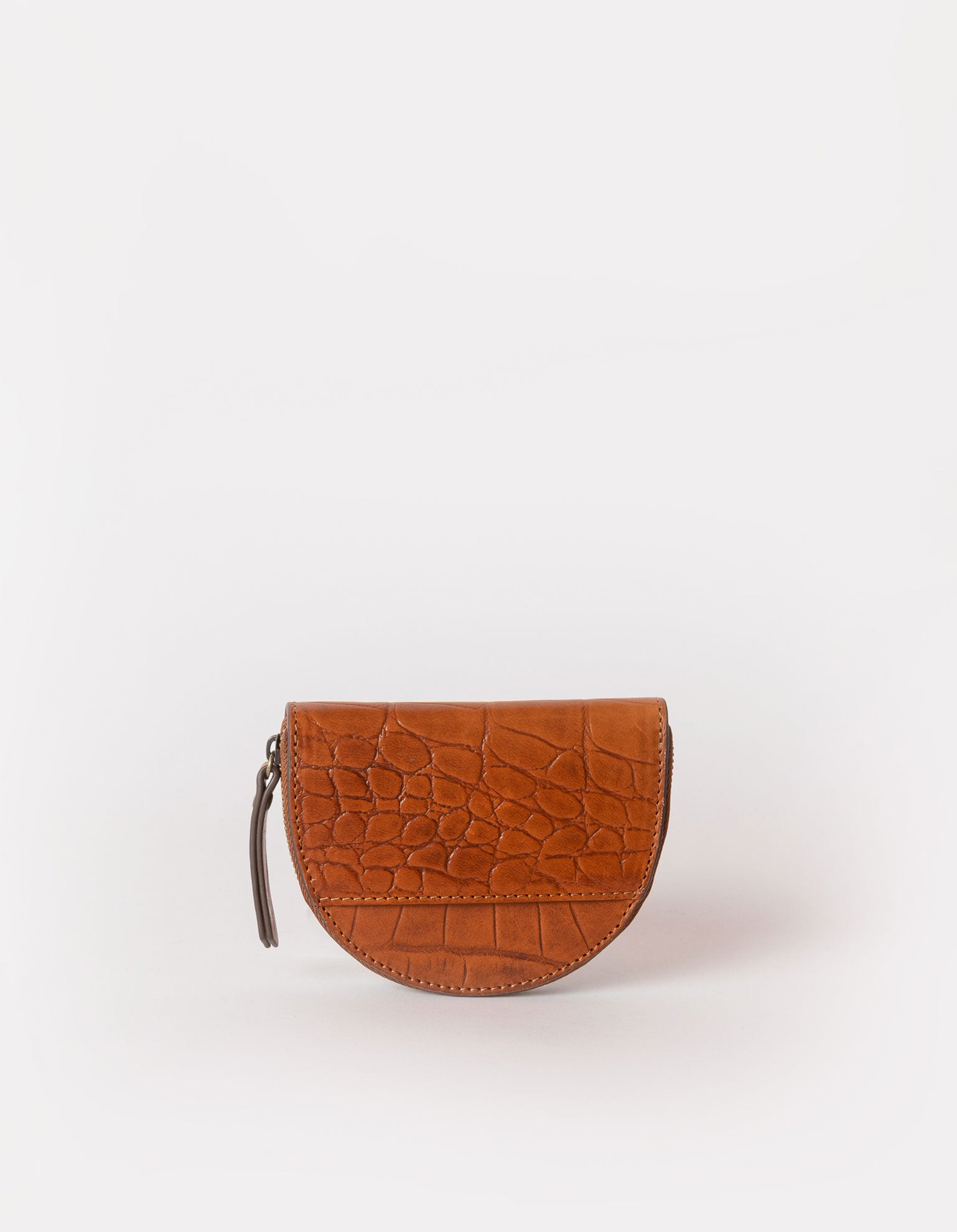 Laura Purse Cognac Classic Croco Leather. Round moon shape coin purse unisex wallet. Back product image.