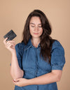 Marks Cardcase Black Classic Croco Leather. Square leather wallet, card case for bank cards. Model image.