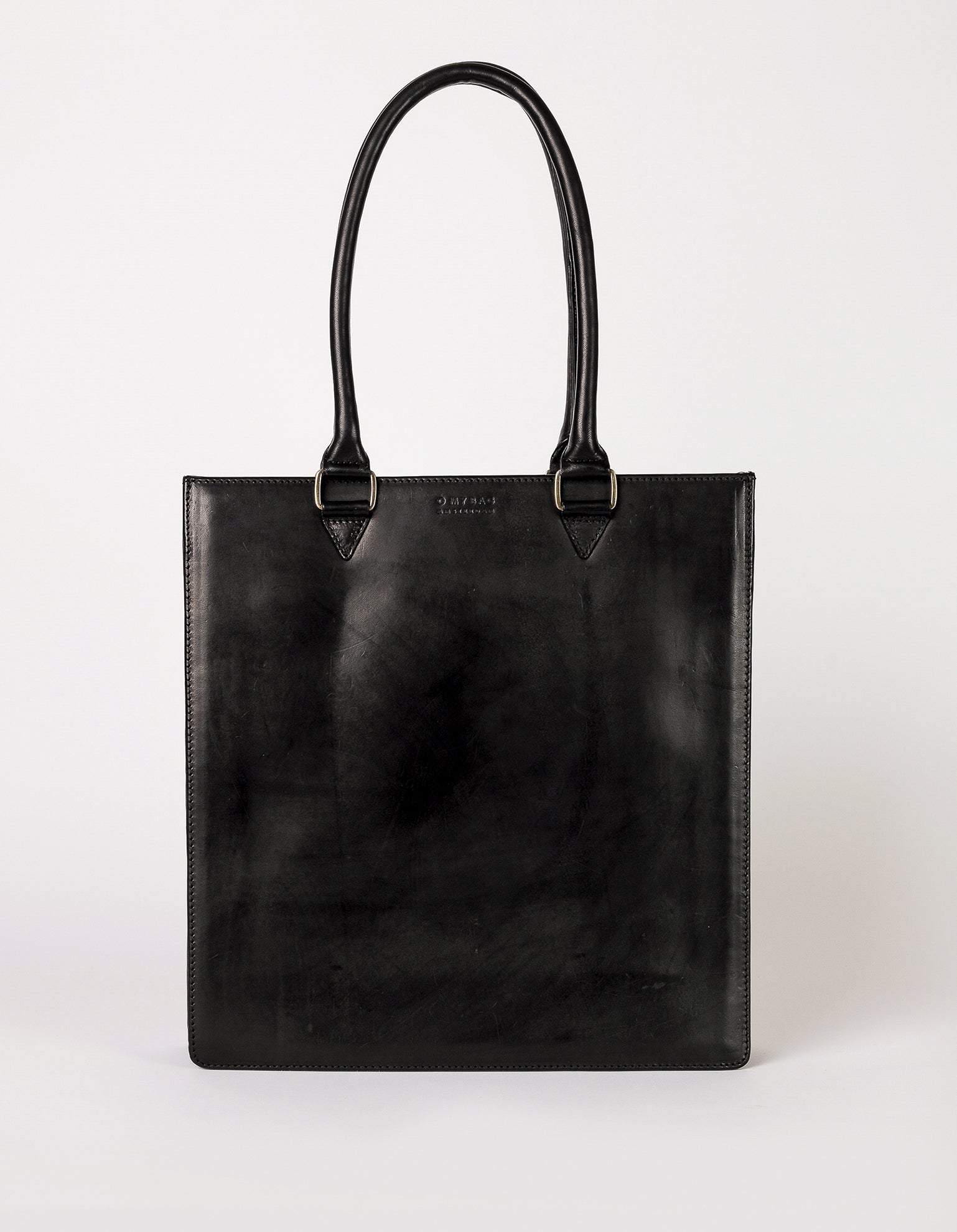 Mila Long Handle Black Classic Leather. Large rectangular shopper for women. Front product image.