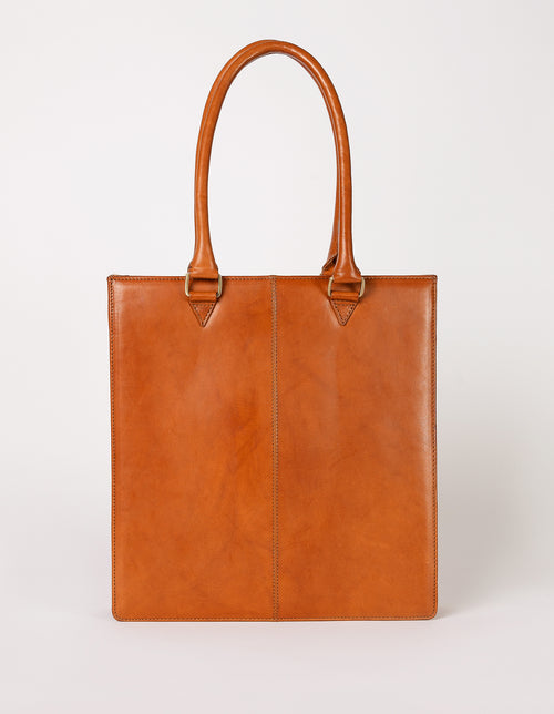 Mila Long Handle Cognac Classic Leather. Large rectangular shopper for women. Back product image.