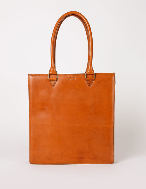 Mila Long Handle Cognac Classic Leather. Large rectangular shopper for women. Front product image.